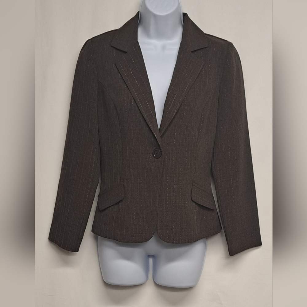 IZ Byer California S Dress Jacket Blazer Brown W Silver metallic Thread EUC